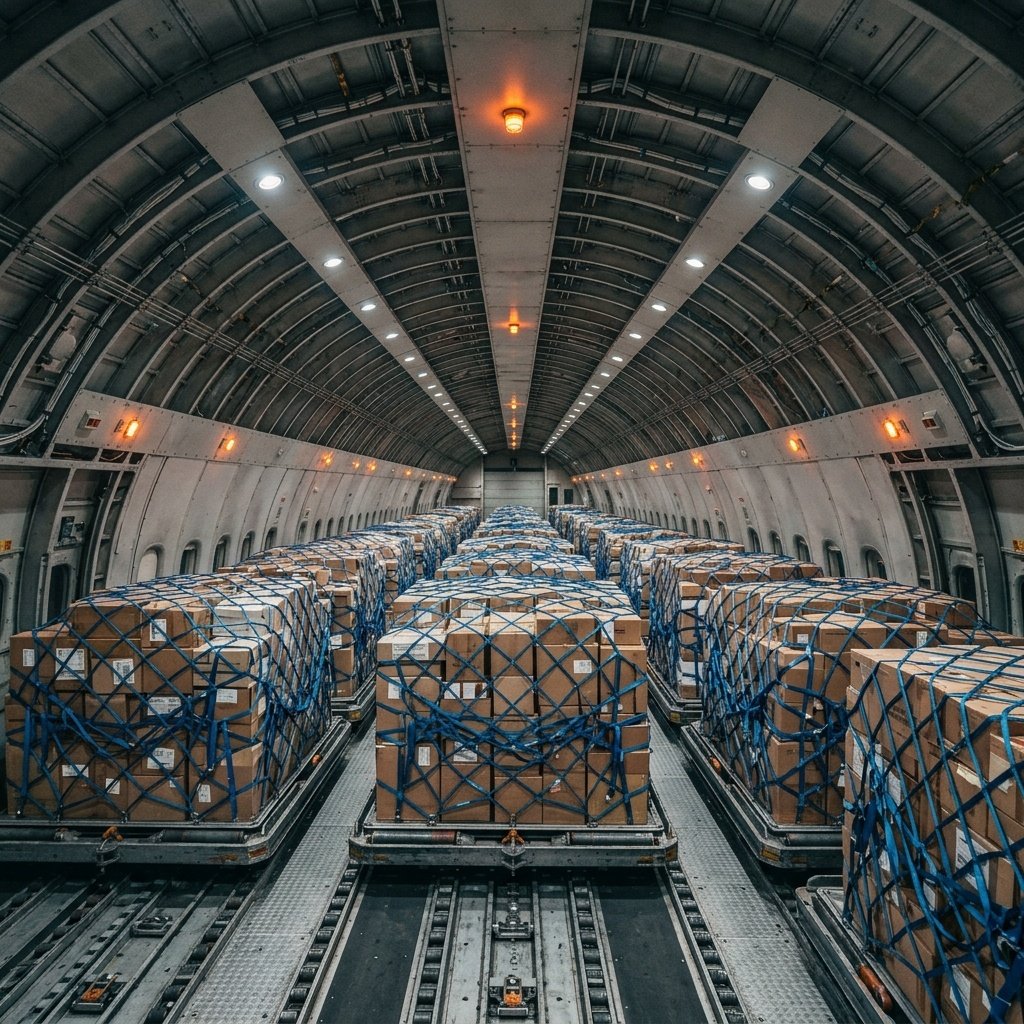 Workers preparing cargo containers for loading into an aircraft hold
