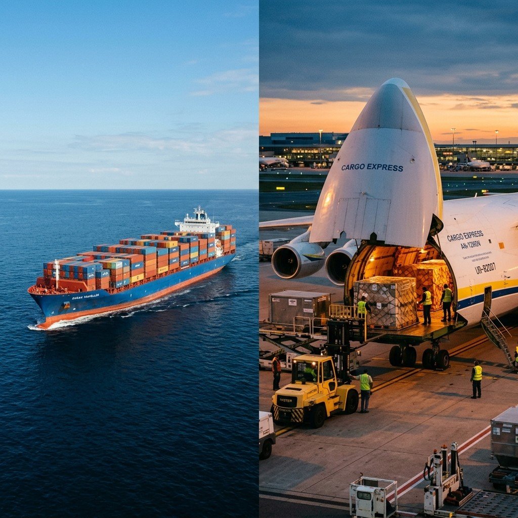 Side-by-side comparison: left panel shows a cargo ship loaded with containers on open ocean, right panel shows a cargo aircraft being loaded with pallets on a tarmac