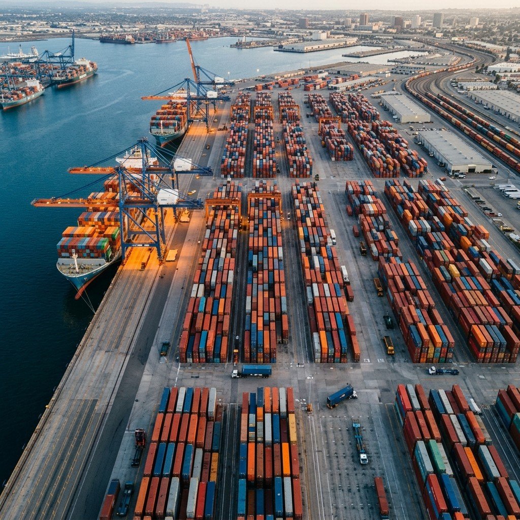 Aerial drone view of stacked shipping containers in neat rows at a major port terminal, late afternoon sunlight creating long shadows