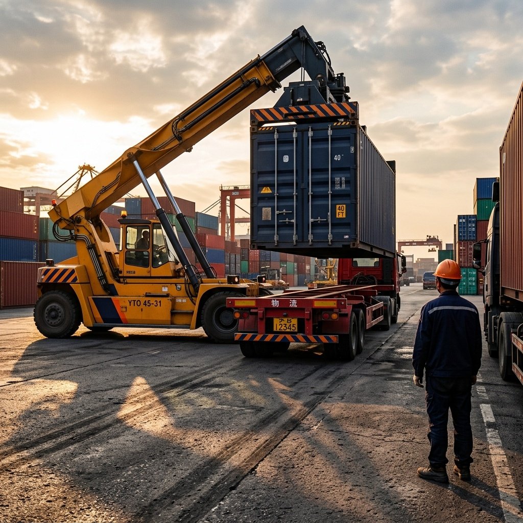 Shipping container being loaded onto flatbed truck for road transport