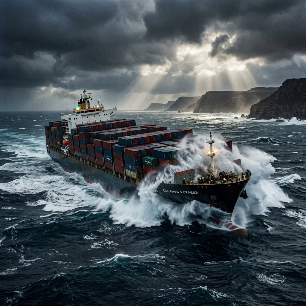 Container vessel navigating rough seas near the Cape of Good Hope, dramatic sky, southern ocean waters