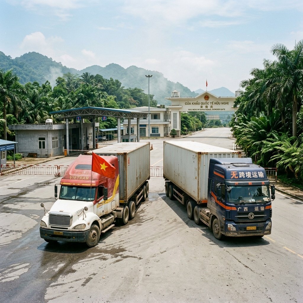 A cross-border delivery truck passing through a border gate between China and Vietnam