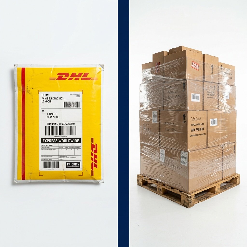 Express courier envelope compared with standard freight shipment pallet