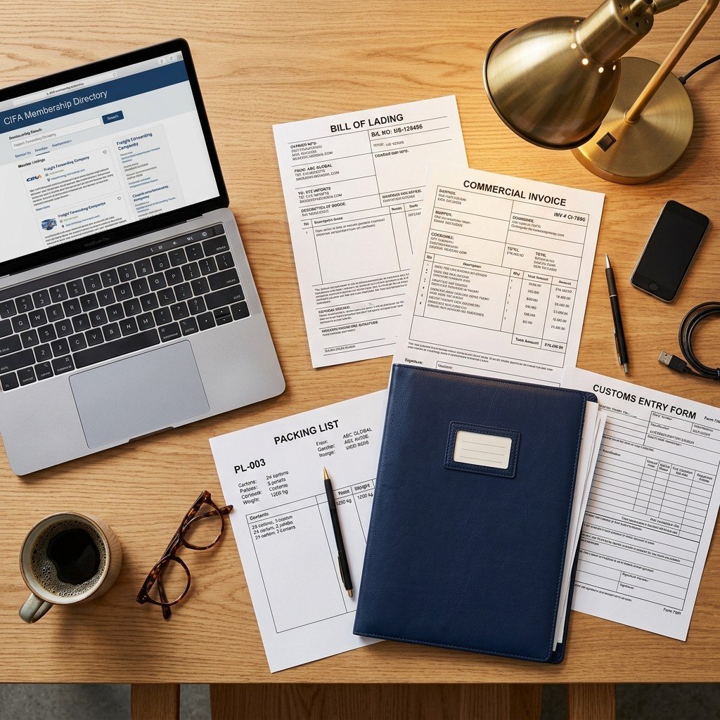 Business documents spread on a desk: a freight forwarding contract, shipping documents, and a laptop showing the CIFA membership directory