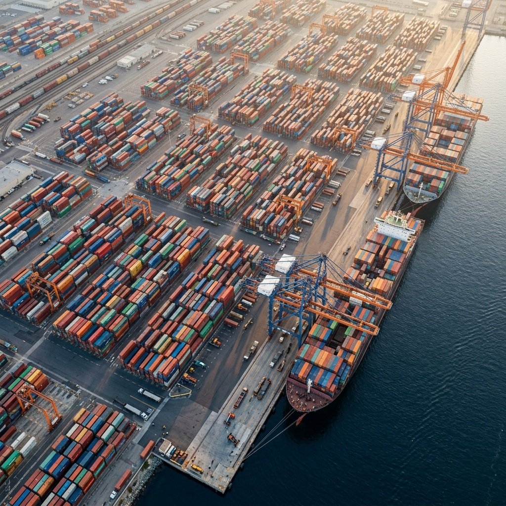Aerial view of container port terminal with ships and cargo stacks