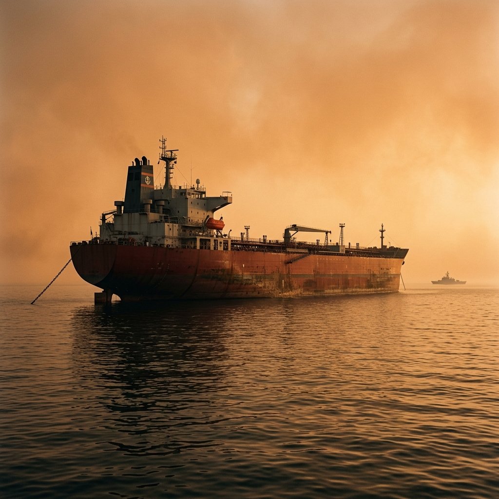 Large oil tanker at anchor near the Strait of Hormuz, hazy sky, naval patrol vessel visible in background