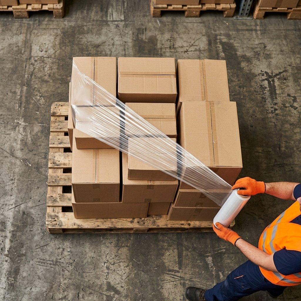 Pallet consolidation and wrapping of Amazon FBA boxes at Shenzhen logistics center
