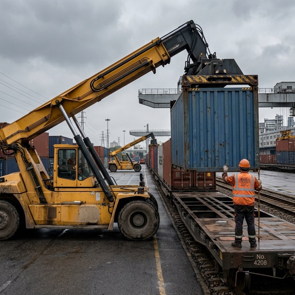 A gantry crane loading cargo containers onto a freight train at a railway terminal