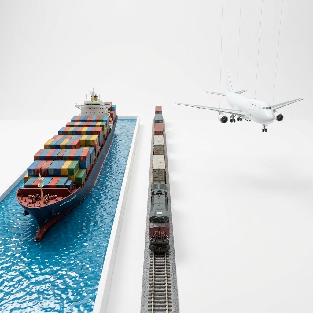 Three transport modes compared: cargo ship, freight train, and cargo plane side by side