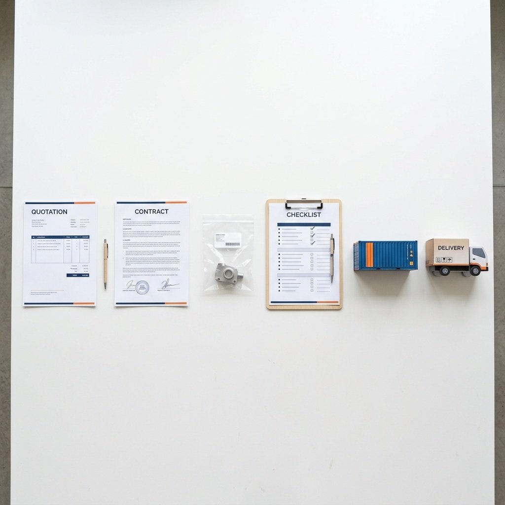 Six objects representing the import process: quote, confirm, source, inspect, ship, deliver