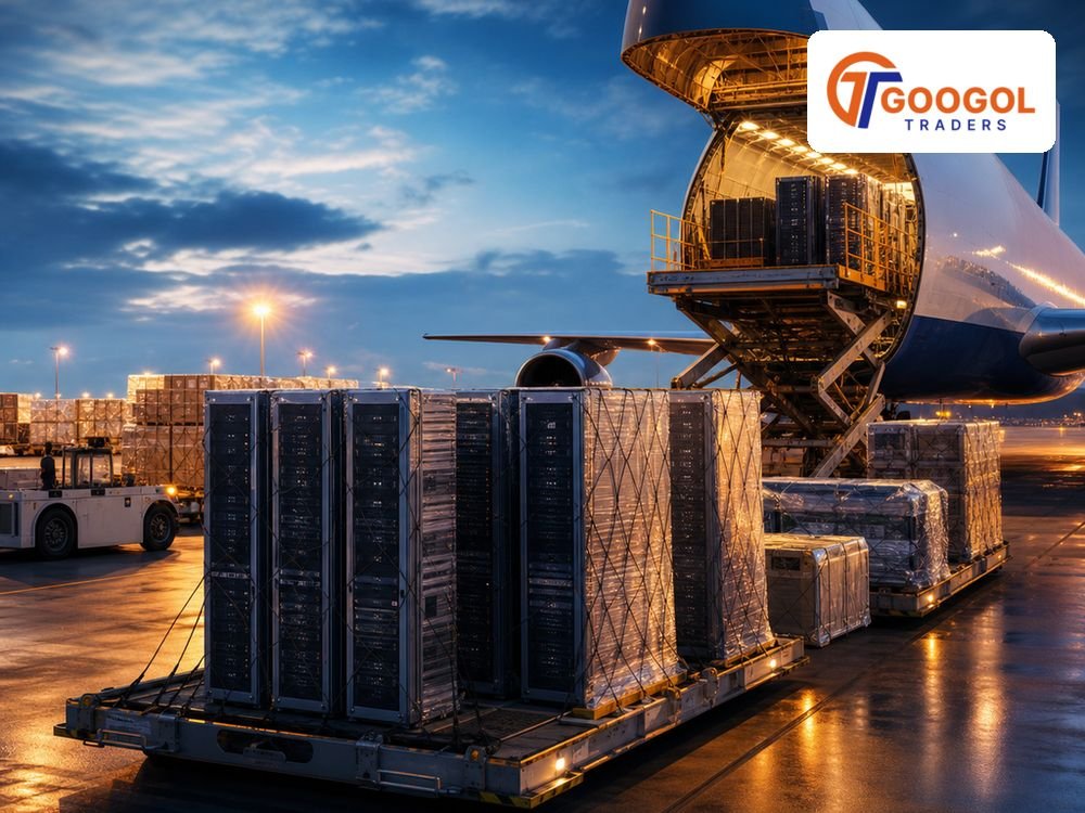 Freighter aircraft loaded with high-value AI server hardware at a night air cargo apron