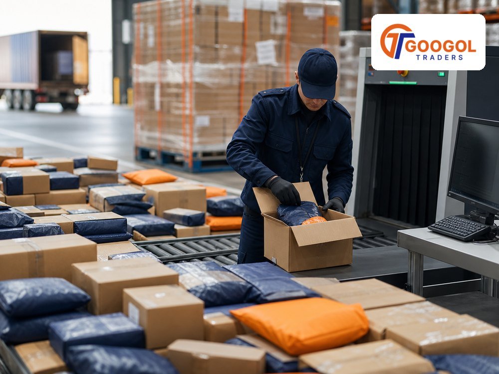 E-commerce parcels queued for US customs inspection after the de minimis suspension